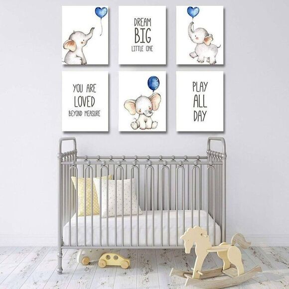 Set of 6 Unframed Baby Boy Nursery Wall Art Prints, Blue Elephant Nursery Wall - Picture 3 of 7